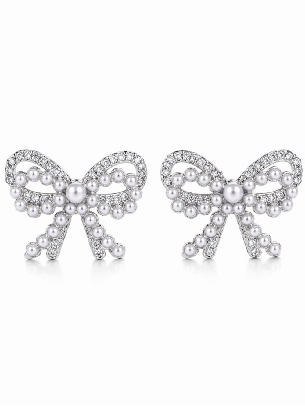 Silver Bow Stud Earrings CZ & Mini Pearl Accents 1” x 1” - Picture 2 of 3